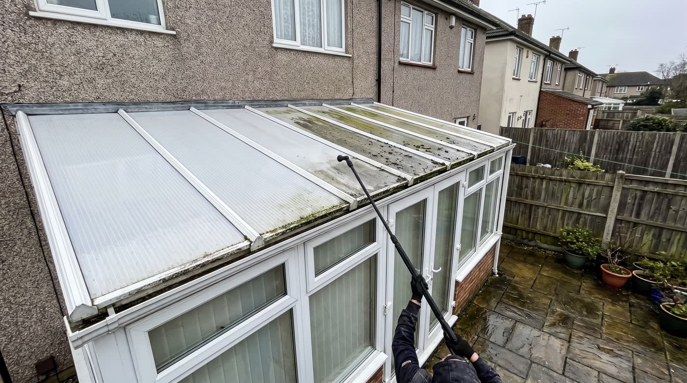 Illustration of a polycarbonate conservatory roof half cleaned with a long reach jet washer lance from the patio