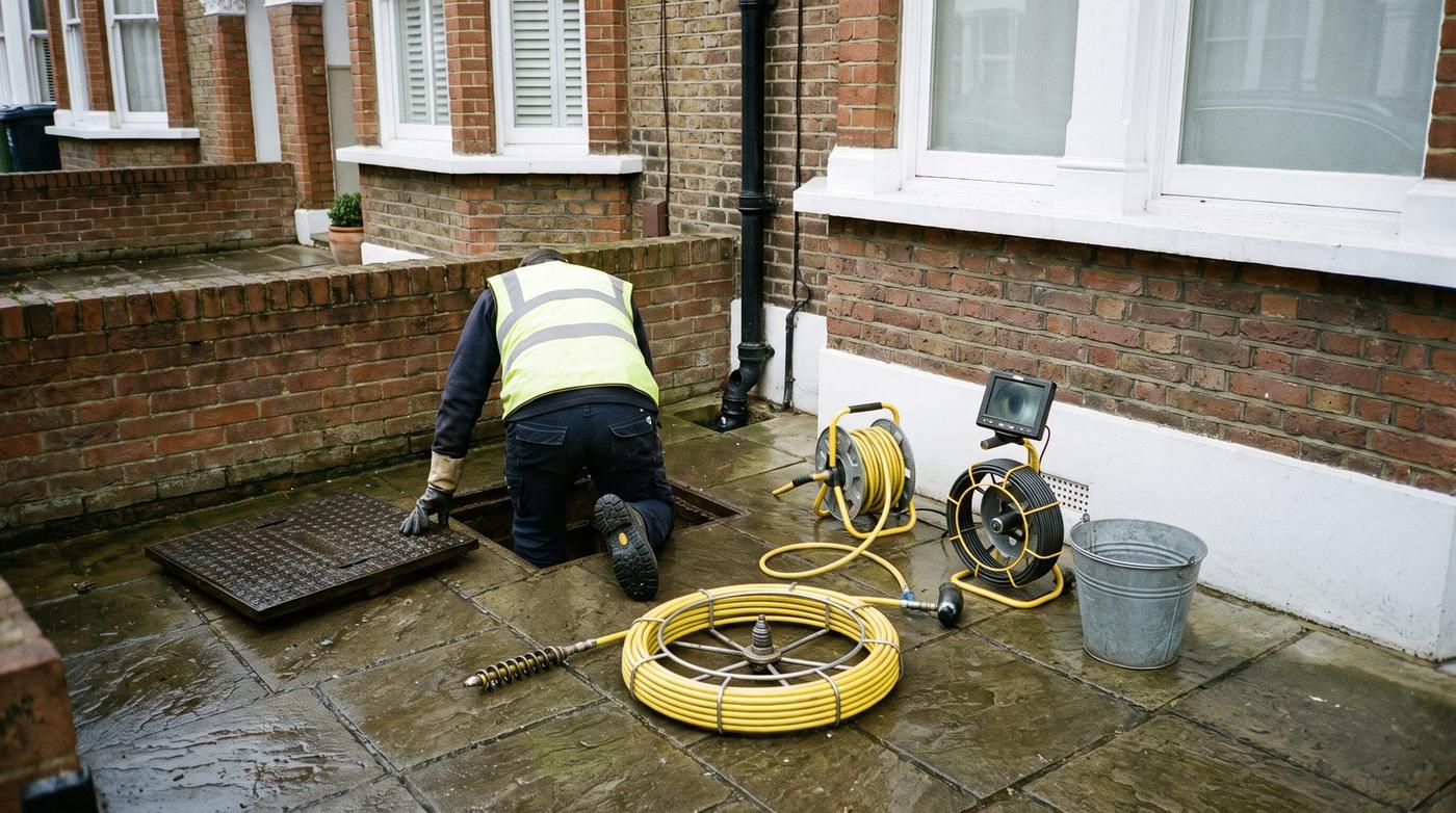 Illustration of a drain being cleared with rods and a jetting hose at an inspection chamber