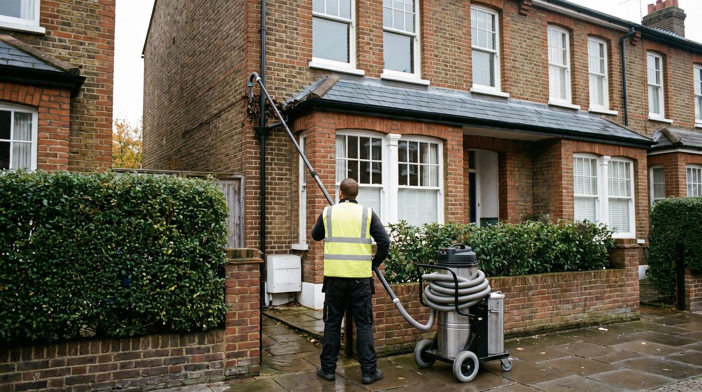Illustration of a gutter vacuum being used from the ground on a London terraced house