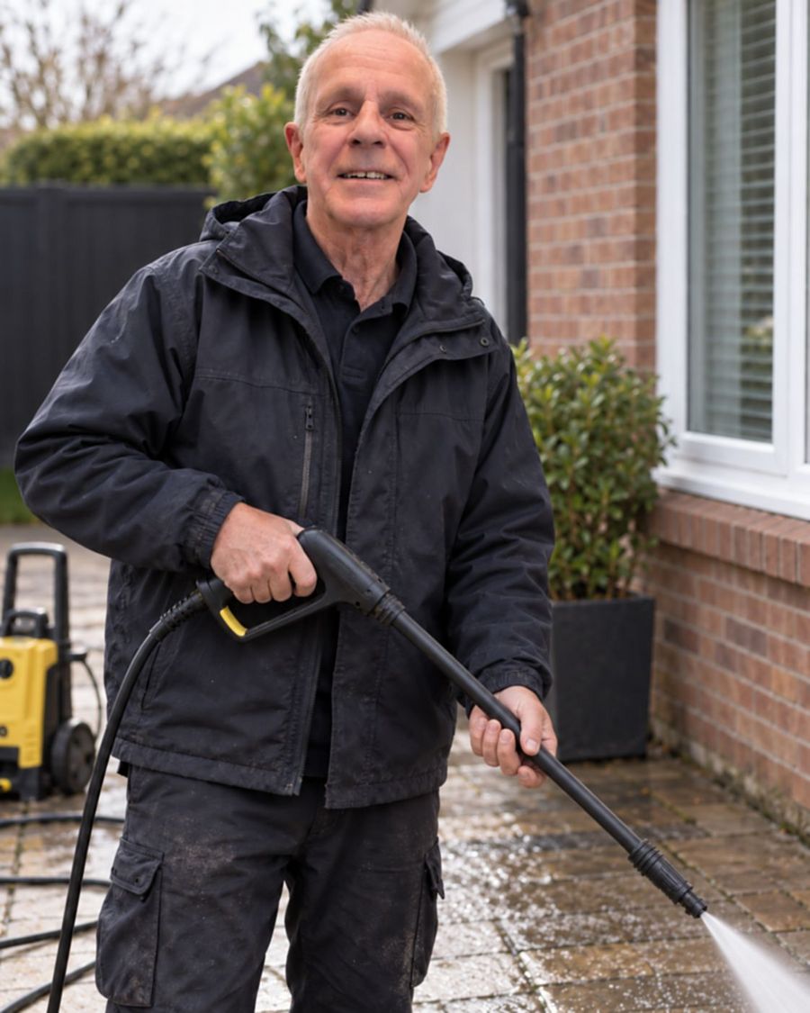 Patrick with a pressure washer lance on a paved driveway