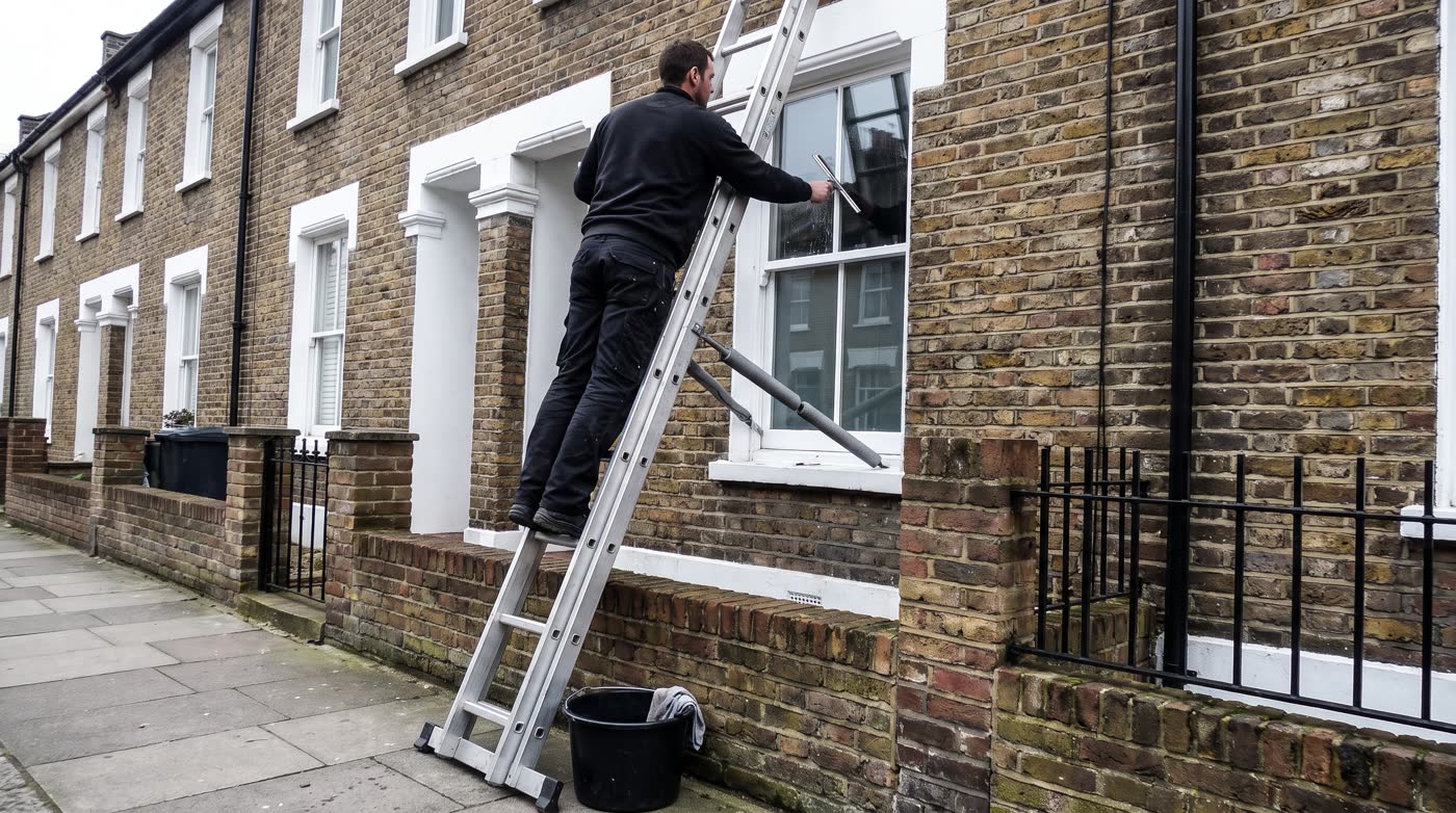Illustration of a window cleaner on a ladder at the sash windows of a London terrace
